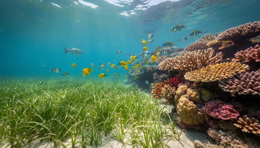 Clear coastal reef with seagrass and small fish in blue-green water