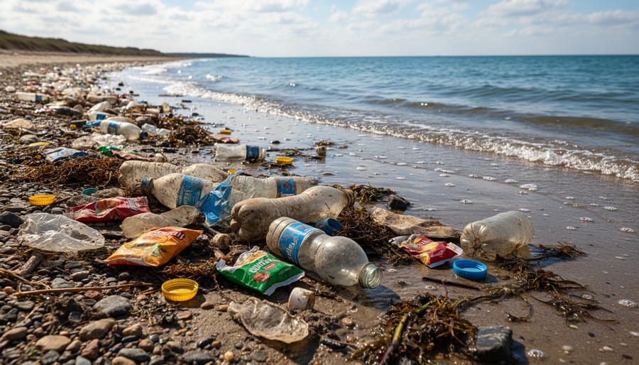 Floating plastic bottles and debris on a wet ocean shoreline at dusk