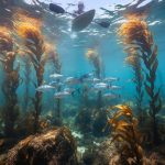 “Underwater view of a kelp forest with fish near rocky habitat, with a distant kayaker visible at the ocean surface line.”