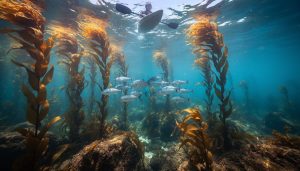 “Underwater view of a kelp forest with fish near rocky habitat, with a distant kayaker visible at the ocean surface line.”