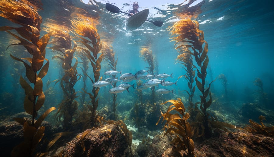 “Underwater view of a kelp forest with fish near rocky habitat, with a distant kayaker visible at the ocean surface line.”