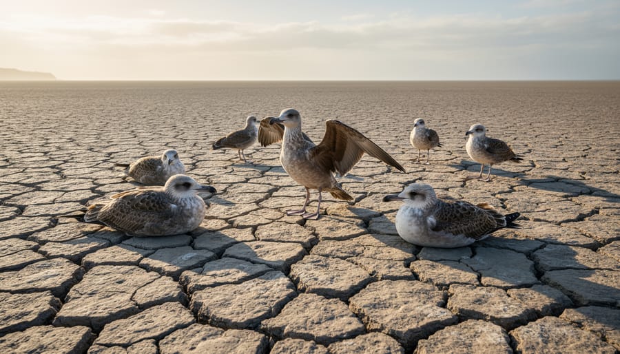 Seabirds standing on a cracked, exposed seafloor in an abandoned ocean basin under a gray, overcast sky.
