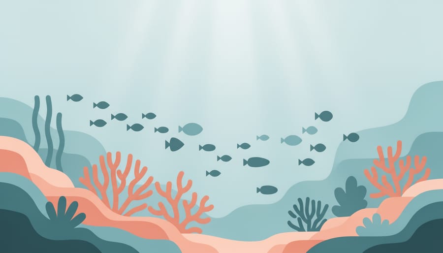 A diver silhouette beside a vibrant coral reef with fish in clear sunlit seawater