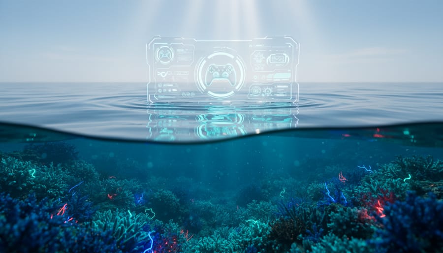 “Digital glow reflected on ocean water merging into an underwater coral reef scene, suggesting the environmental impact of online gaming.”