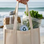 “Reusable shopping tote filled with sustainable items in the foreground, with a blurred ocean shoreline and kelp in the background.”