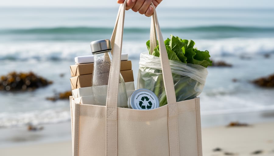 “Reusable shopping tote filled with sustainable items in the foreground, with a blurred ocean shoreline and kelp in the background.”