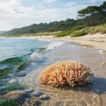 A coastal seascape with clear blue water, coral near the shoreline, and diverse green marine and coastal habitat under soft daylight.