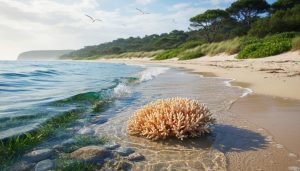 A coastal seascape with clear blue water, coral near the shoreline, and diverse green marine and coastal habitat under soft daylight.