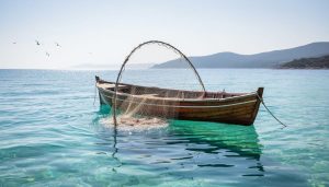 A wooden fishing boat near a clear turquoise coast with nets being hauled, representing sustainable fisheries and ocean protection.