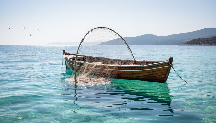 A wooden fishing boat near a clear turquoise coast with nets being hauled, representing sustainable fisheries and ocean protection.