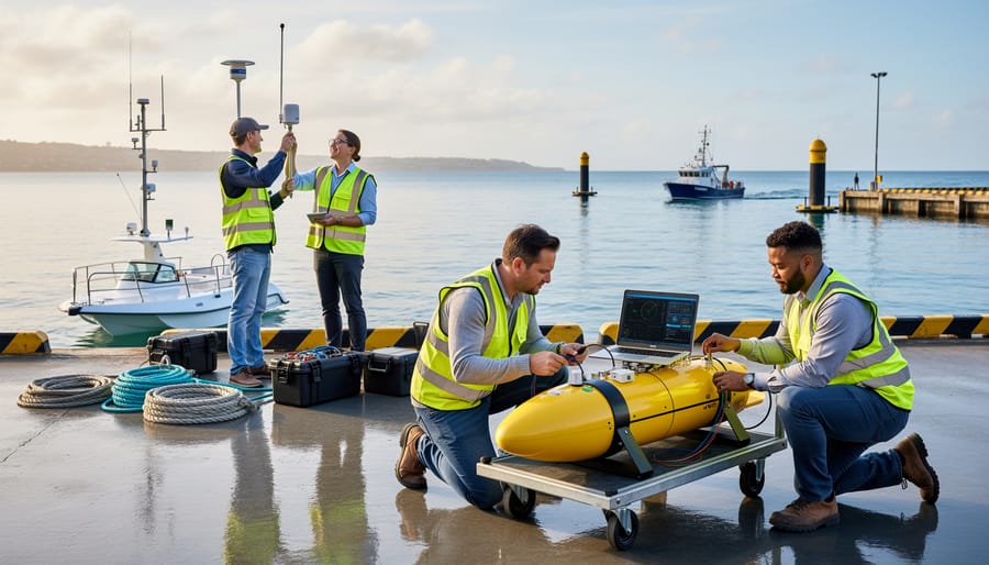 Marine biologist and technician preparing sensor equipment on an unmanned marine vehicle at a dock