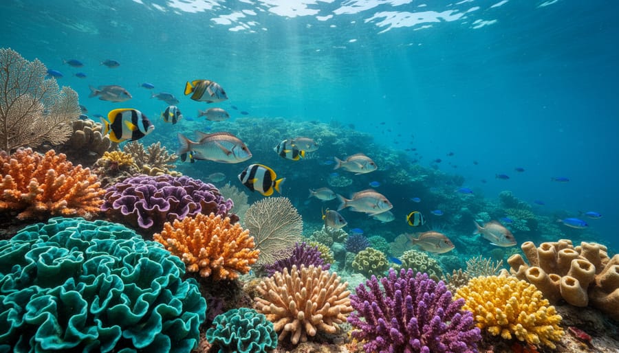 Sunlight rays reaching a colorful tropical coral reef with fish swimming above it