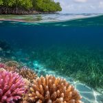 Underwater view of a tropical coral reef with nearby seagrass and a mangrove shoreline visible near the water surface, lit by filtered sunlight.