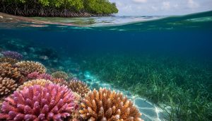 Underwater view of a tropical coral reef with nearby seagrass and a mangrove shoreline visible near the water surface, lit by filtered sunlight.