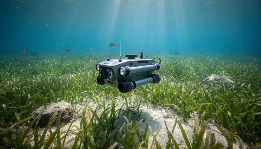Underwater drone hovering above a seagrass meadow with dense green seagrass in view.