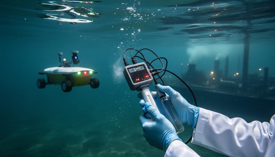 A diver underwater holding a small sampling device near sunlit water with drifting particles in the background.