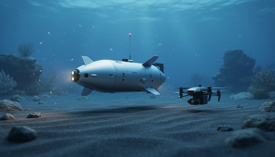 Underwater view of an autonomous torpedo-shaped glider and a compact drone hovering near coral in deep blue ocean water.