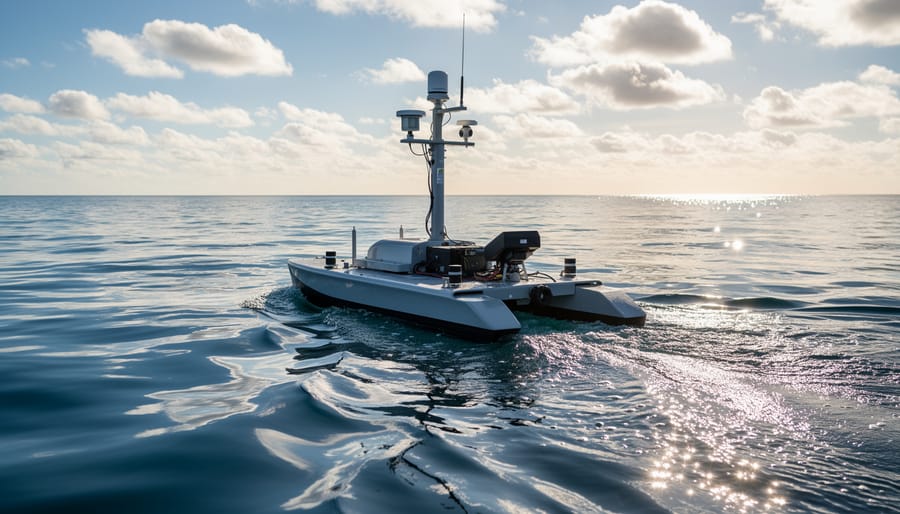 Unmanned surface vehicle cruising on the ocean near a research vessel