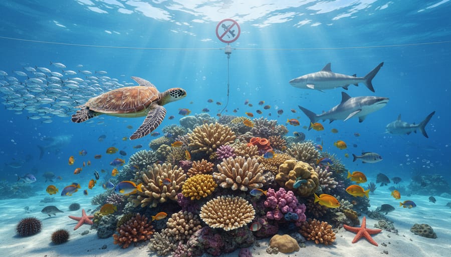 Underwater view of a vibrant coral reef with reef fish swimming through sunlit water.