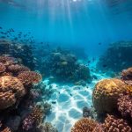 Underwater view of a vibrant coral reef with branching and boulder corals and small fish swimming as sunlight rays reach the reef.