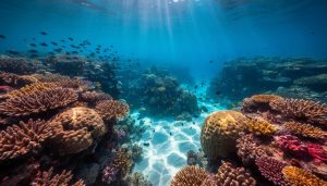 Underwater view of a vibrant coral reef with branching and boulder corals and small fish swimming as sunlight rays reach the reef.
