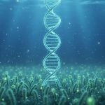 Glowing DNA/RNA helix-like ribbon suspended in clear blue ocean water above drifting bioluminescent plankton and tiny viral-like particles