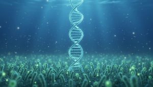 Glowing DNA/RNA helix-like ribbon suspended in clear blue ocean water above drifting bioluminescent plankton and tiny viral-like particles