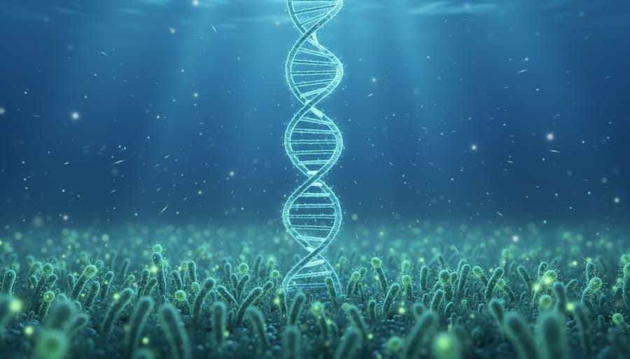 Glowing DNA/RNA helix-like ribbon suspended in clear blue ocean water above drifting bioluminescent plankton and tiny viral-like particles