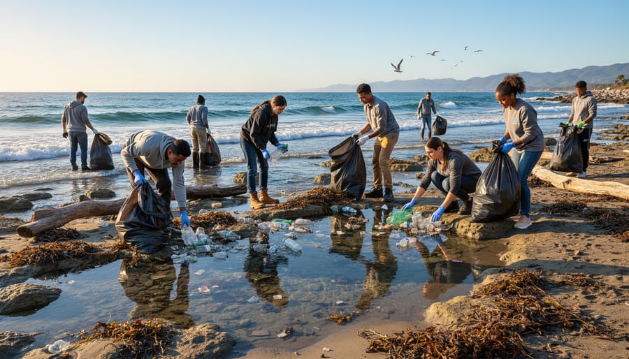 Volunteers picking up plastic waste on a beach near the shoreline