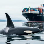 A Southern Resident killer whale surfaces near a container ship in offshore waters under an overcast sky, suggesting the challenge of tracking whale and vessel locations in real time.