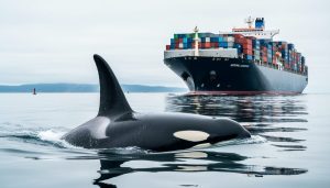 A Southern Resident killer whale surfaces near a container ship in offshore waters under an overcast sky, suggesting the challenge of tracking whale and vessel locations in real time.