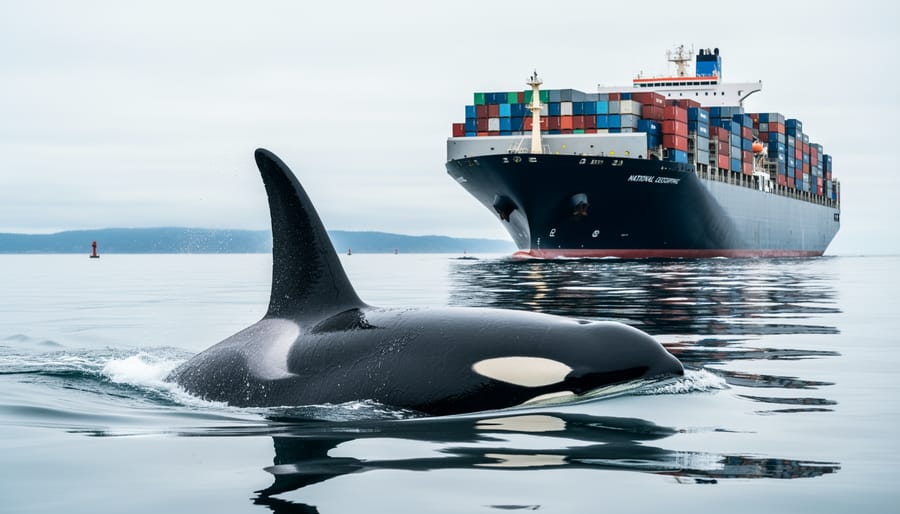 A Southern Resident killer whale surfaces near a container ship in offshore waters under an overcast sky, suggesting the challenge of tracking whale and vessel locations in real time.