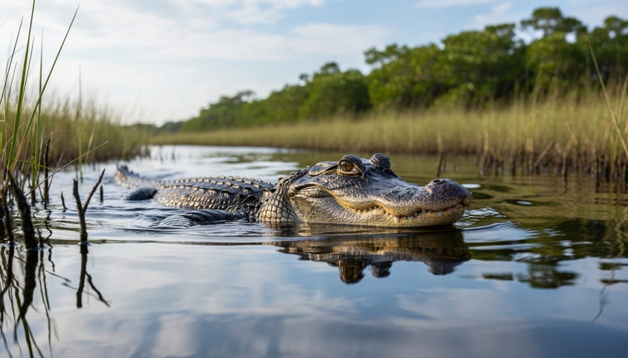 American alligator walking through an estuary with brackish water and coastal vegetation in the background.