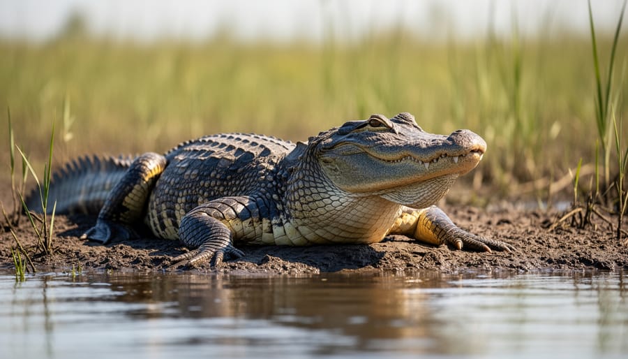 American alligator resting on freshwater mud near lily pads