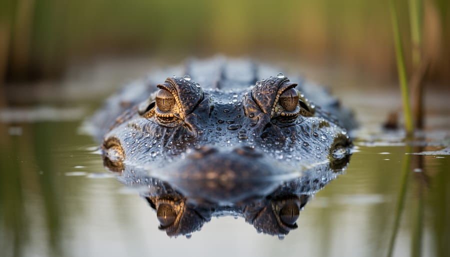 Close-up of an American alligator’s head with eyes above the water surface in a marsh.