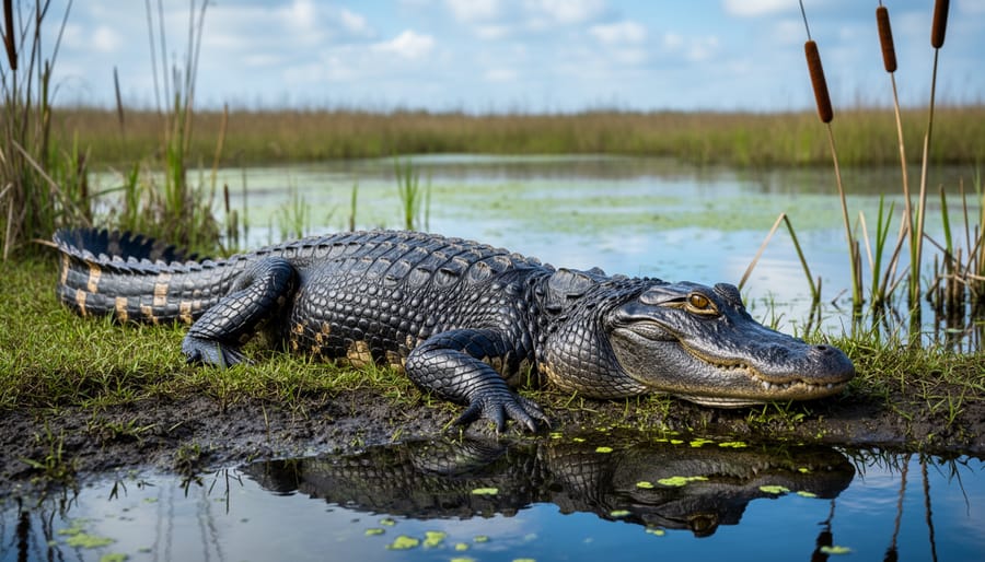 American alligator resting at the edge of a freshwater marsh with water ripples and marsh plants in the background.