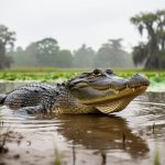 An American alligator partially submerged in a shallow wetland with reeds and lily pads under soft natural daylight.