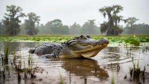 An American alligator partially submerged in a shallow wetland with reeds and lily pads under soft natural daylight.