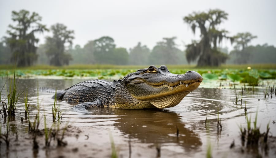An American alligator partially submerged in a shallow wetland with reeds and lily pads under soft natural daylight.