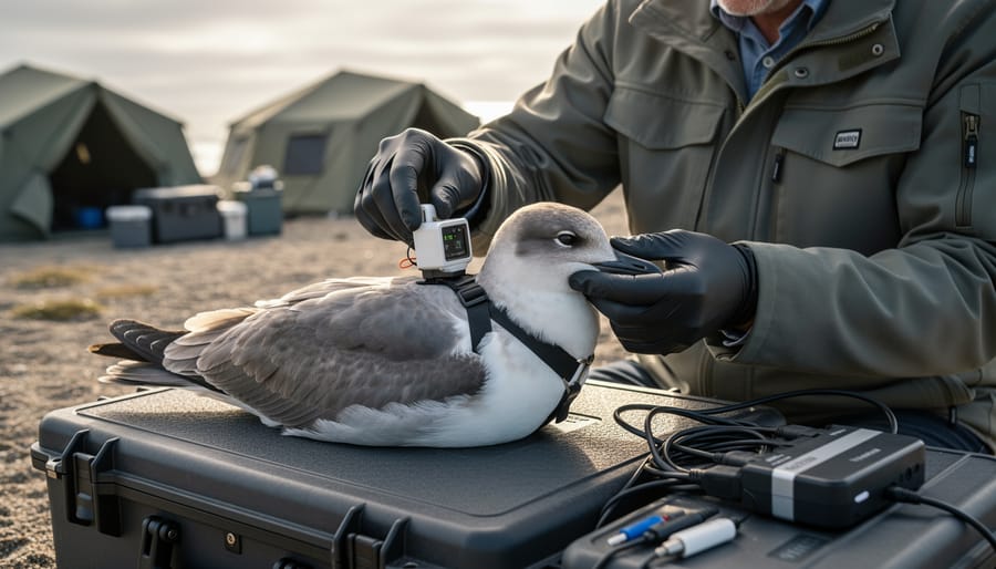 Marine biologist holding a satellite tag and transmitter near a dock