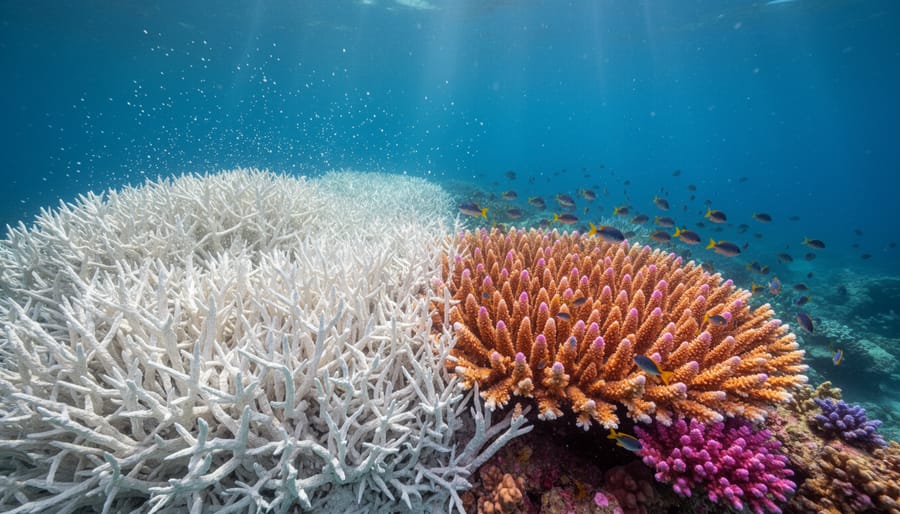 Underwater view of a bleached coral reef patch with some darker coral still alive in the same area