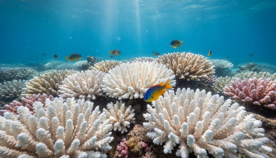 Bleached pale coral heads with a few reef fish in a stressed coral reef environment