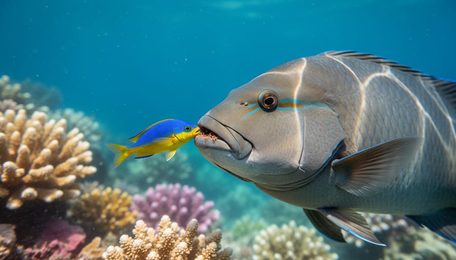 Cleaner fish and a larger reef fish facing each other near coral in an underwater cleaning interaction