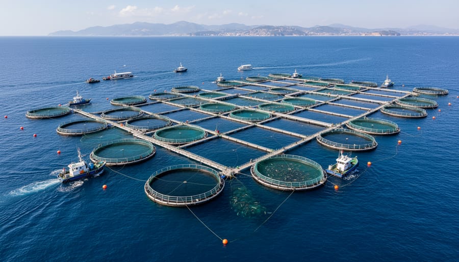 Floating net pens for marine aquaculture in a calm coastal bay under an overcast sky