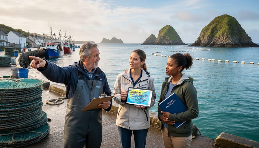 Diverse community members and a conservation scientist meeting on a dock looking out toward the ocean