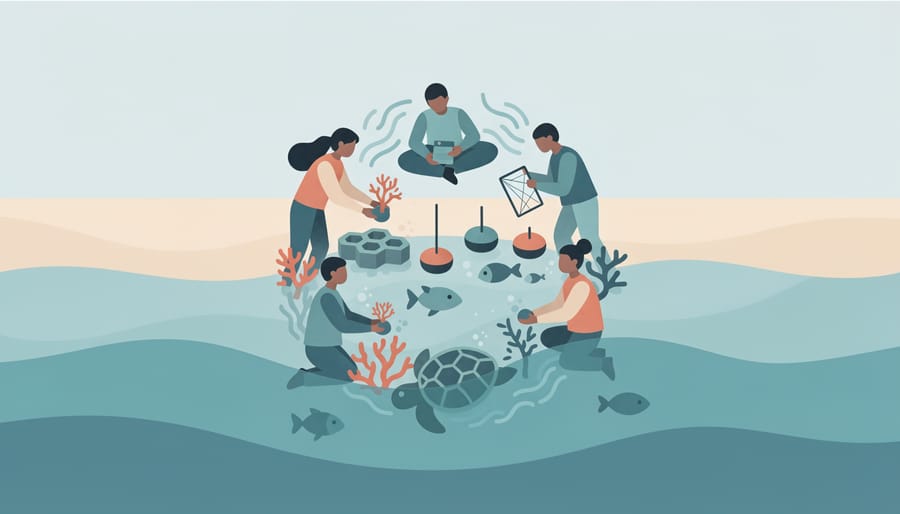 Volunteers and marine biologists releasing juvenile fish from a pier into the ocean at sunrise
