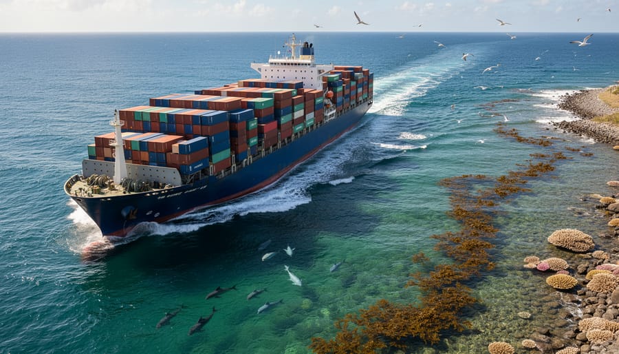 A large container ship moving through coastal waters near a shoreline at dusk.