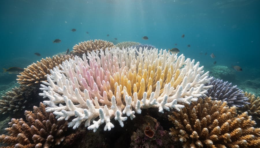 Close-up of coral showing bleaching patches and darker living tissue nearby