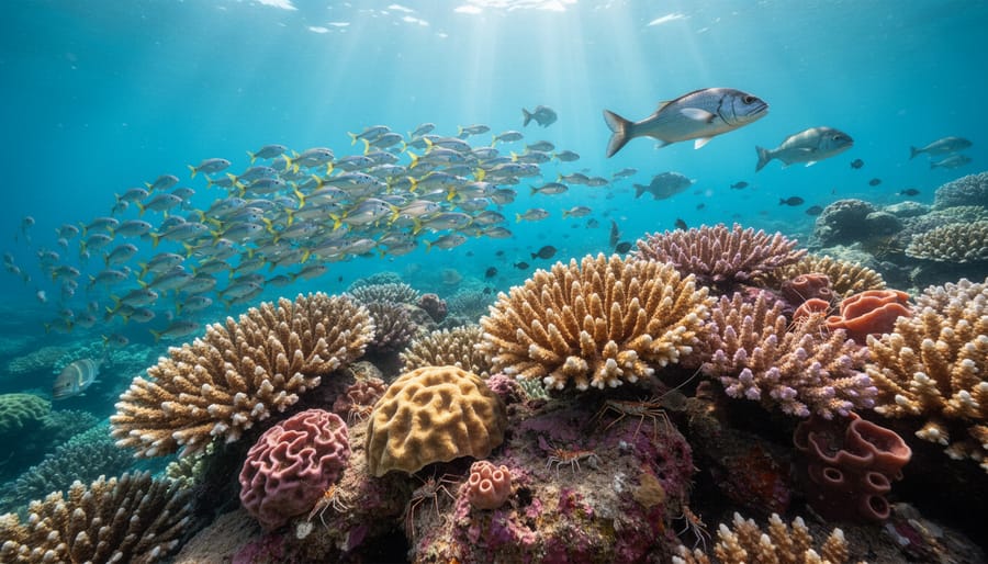 Diver swimming over a coral reef with sponges and soft corals in clear blue water