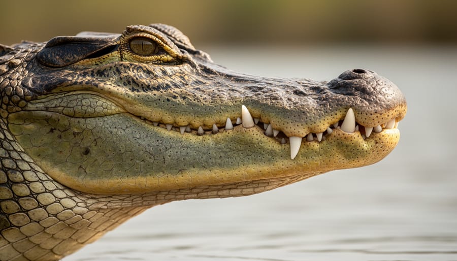 Close-up of crocodilian jaw and snout contours at the waterline